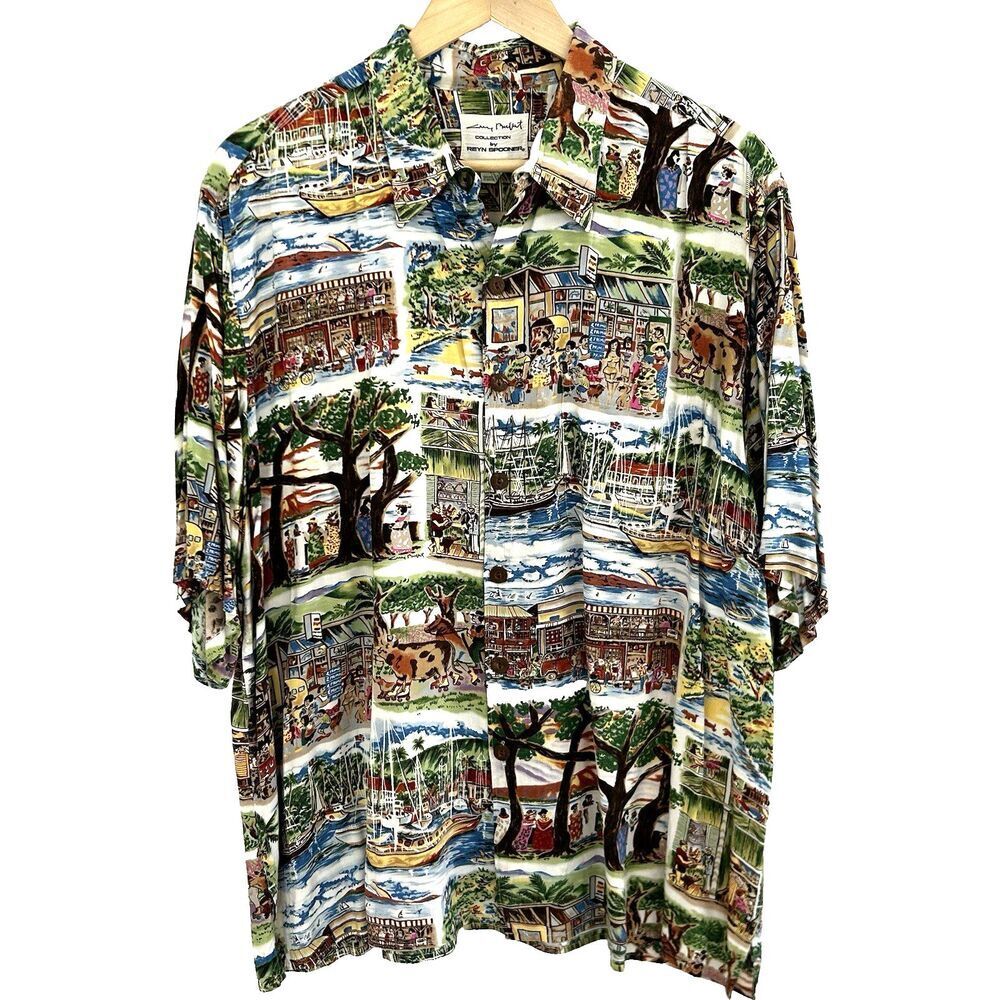 Reyn Spooner Guy Buffet Hawaiian Shirt Men's Size XL Spun Rayon Hawaiian Village